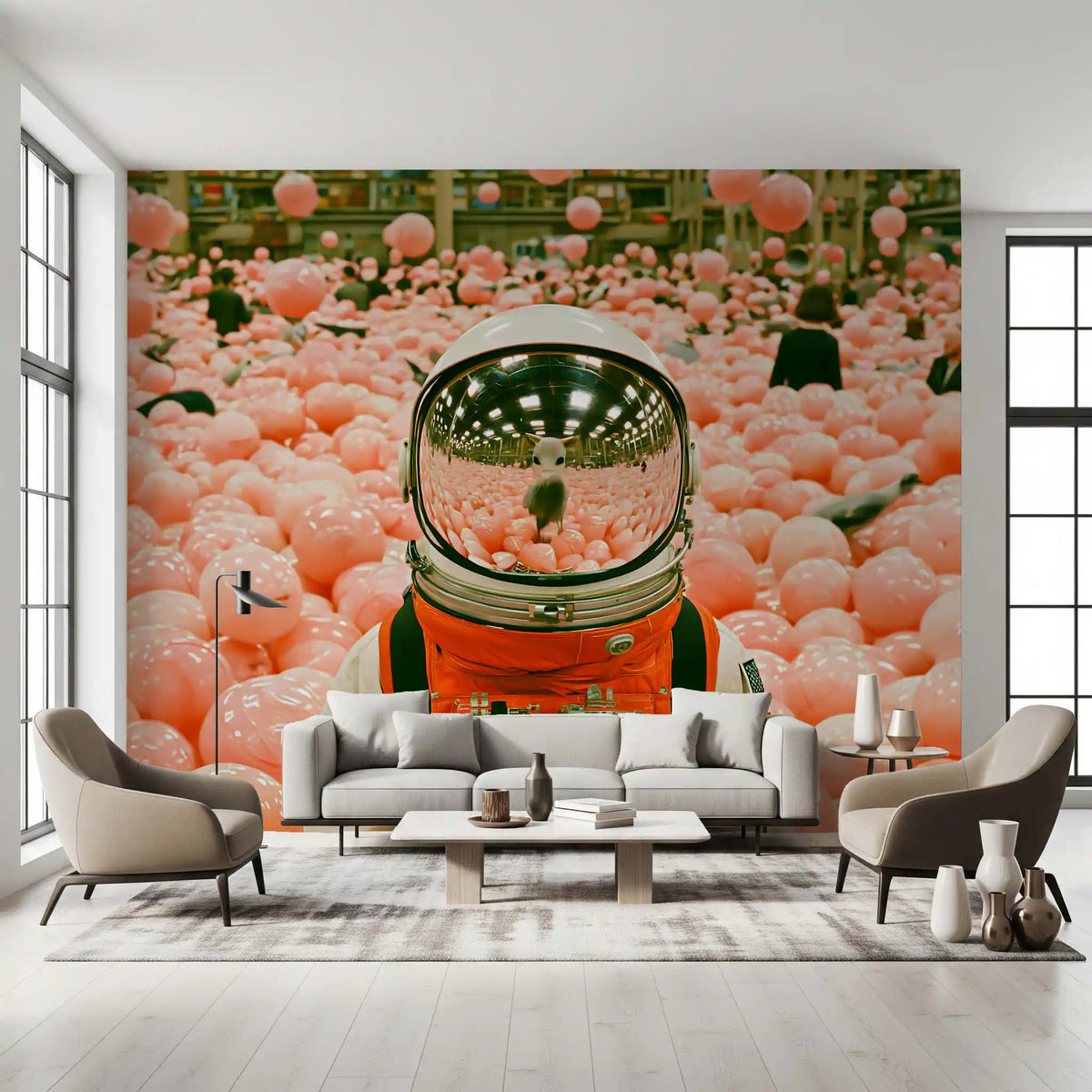 Astronaut in a Sea of Pink Balloons Wall Mural