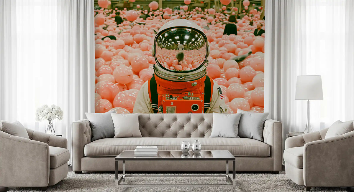 Astronaut in a Sea of Pink Balloons Wall Mural