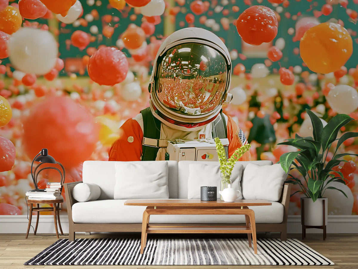Astronaut Amidst Floating Orbs Wall Mural