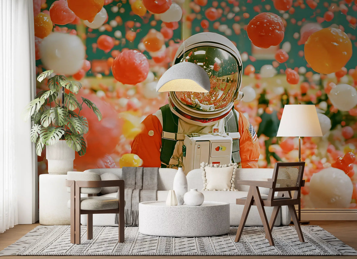 Astronaut Amidst Floating Orbs Wall Mural