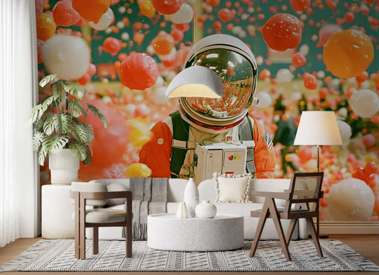 Astronaut Amidst Floating Orbs Wall Mural