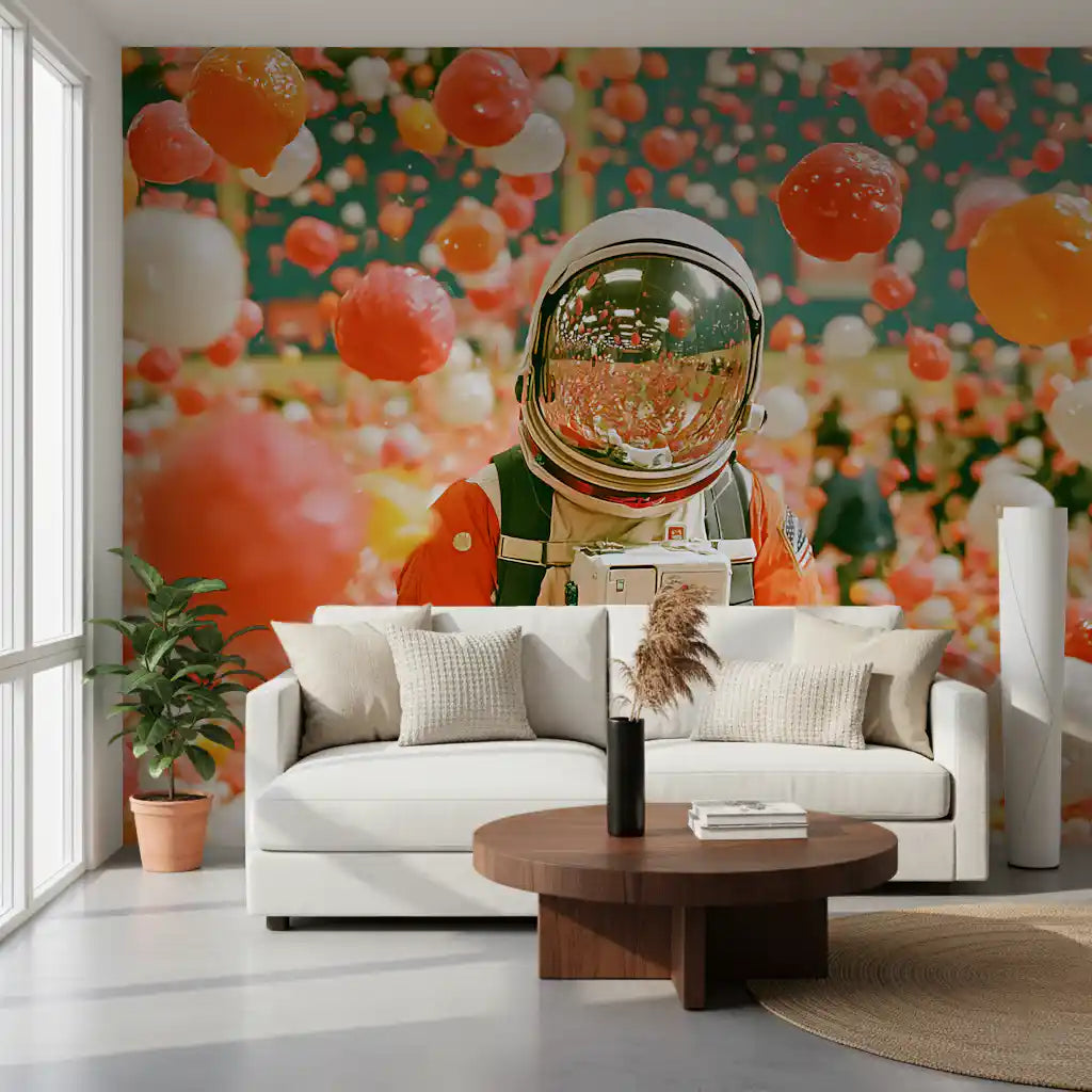 Astronaut Amidst Floating Orbs Wall Mural