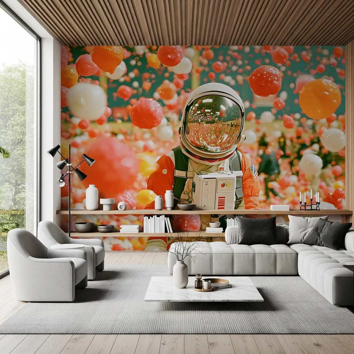 Astronaut Amidst Floating Orbs Wall Mural