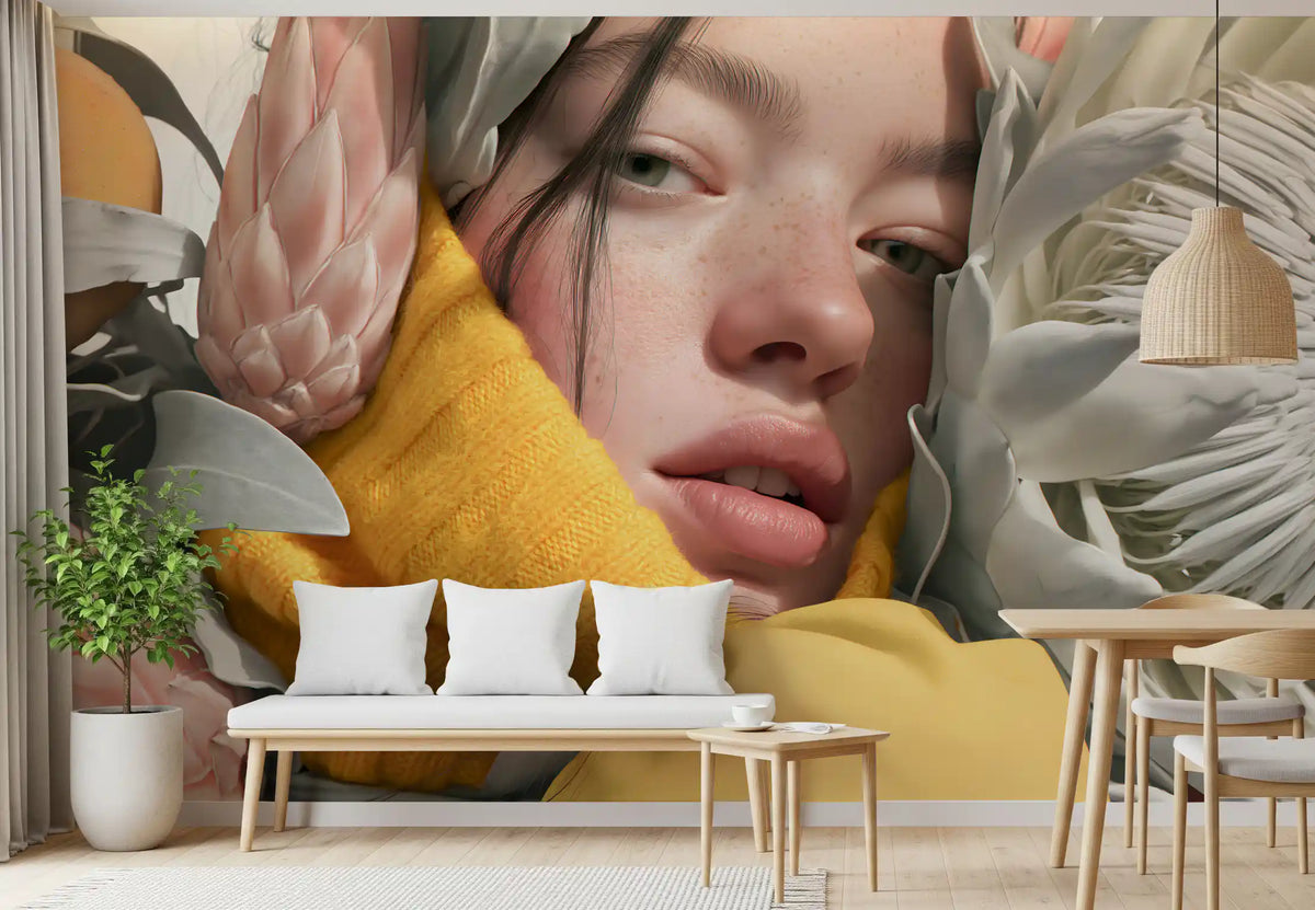 Serene Floral Portrait in Bright Tones Wall Mural