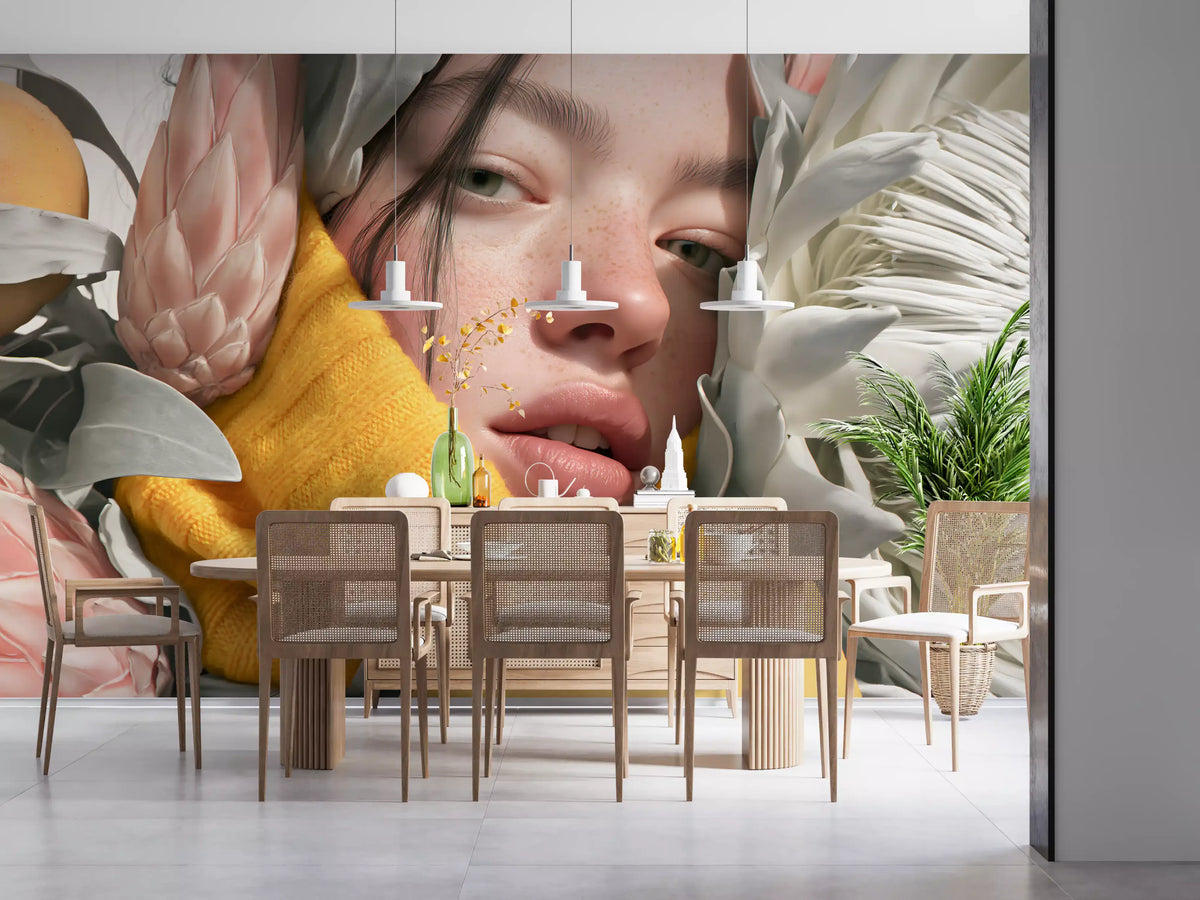 Serene Floral Portrait in Bright Tones Wall Mural