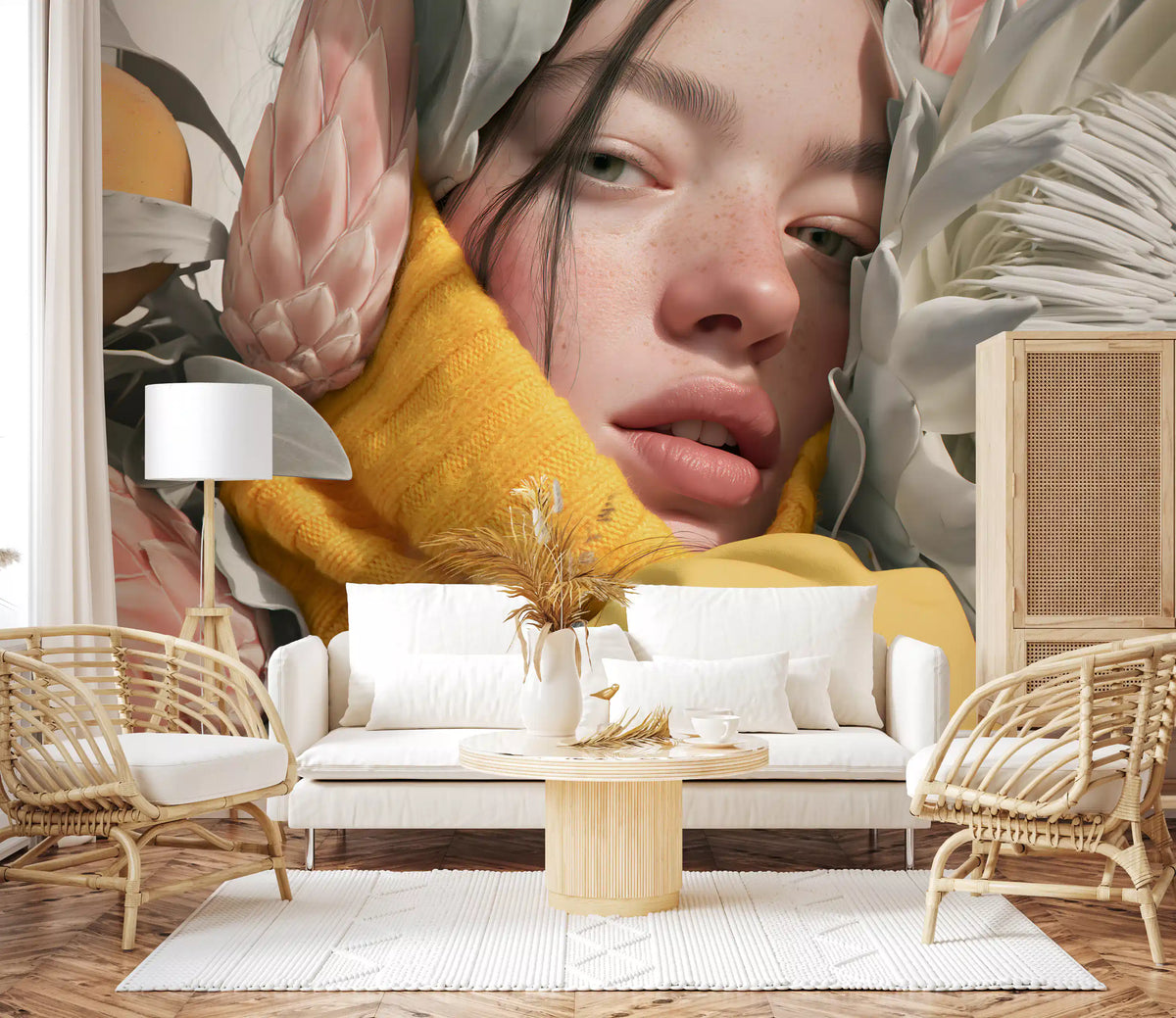 Serene Floral Portrait in Bright Tones Wall Mural