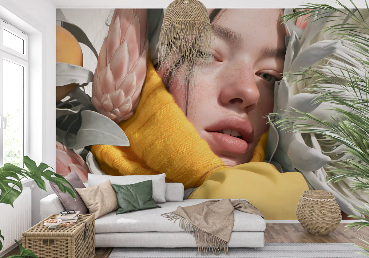 Serene Floral Portrait in Bright Tones Wall Mural