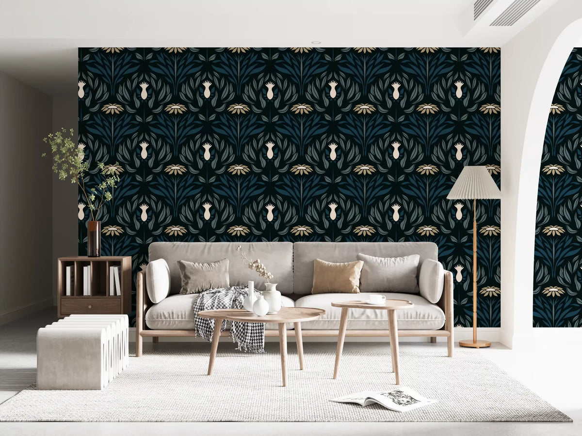 Teal and Cream Floral Symmetry Wallpaper⁠