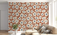 Retro Cream and Rust Floral Bloom Pattern Wall Mural
