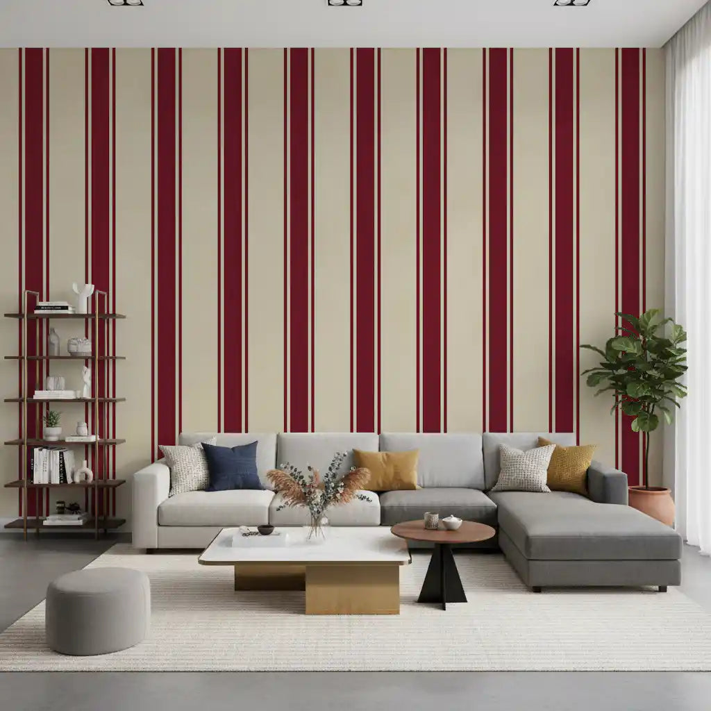 Classic Burgundy and Cream Striped Pattern Wall Mural
