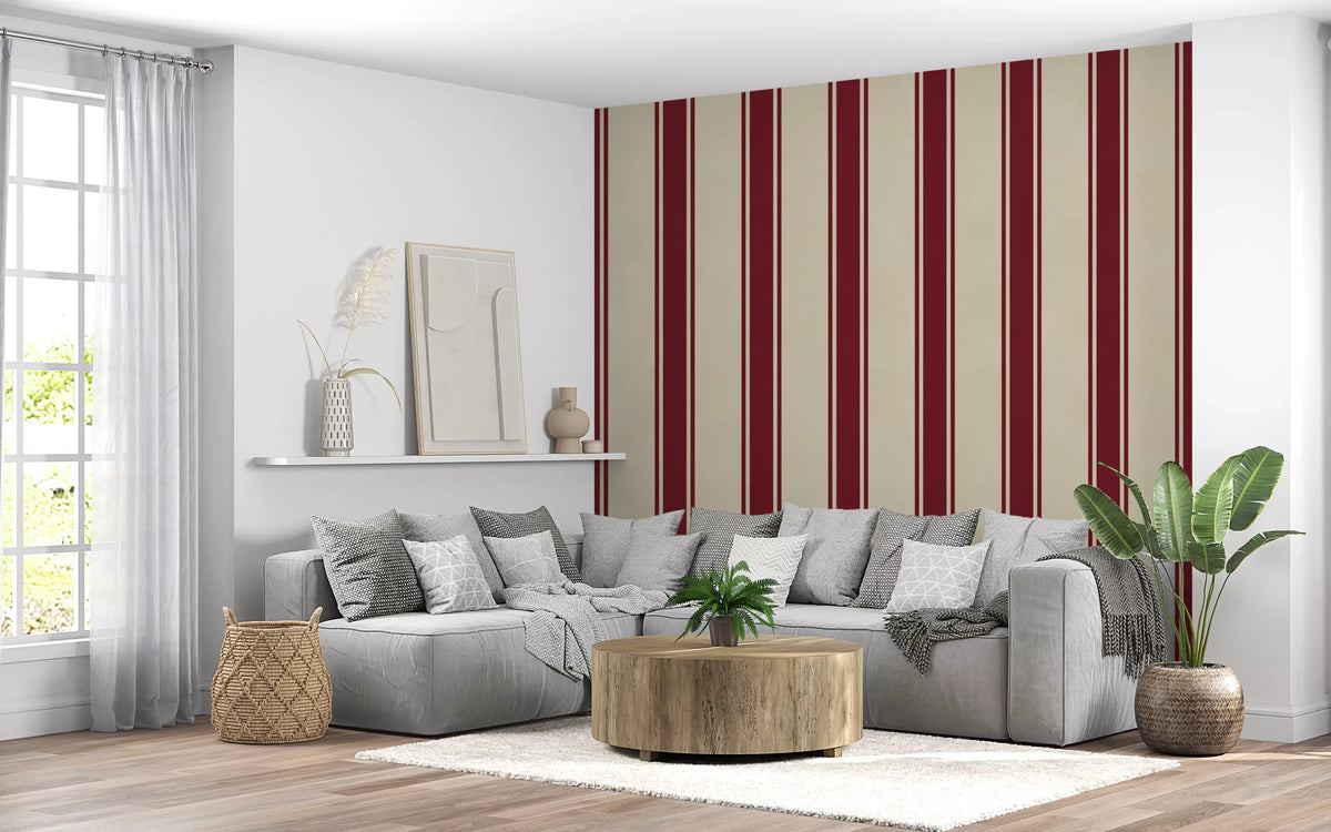Classic Burgundy and Cream Striped Pattern Wall Mural
