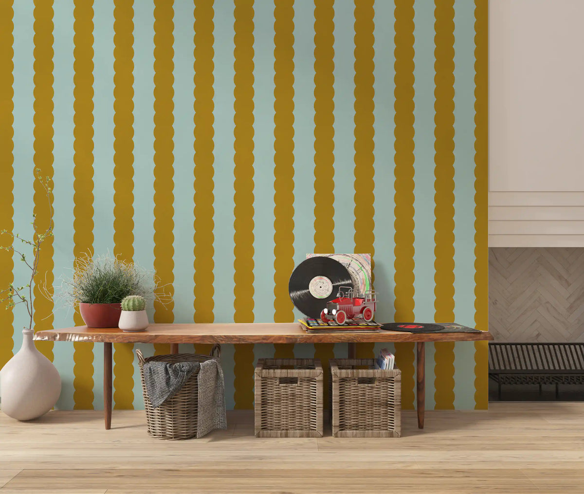 Mustard and Mint Scalloped Vertical Stripes Wall Mural