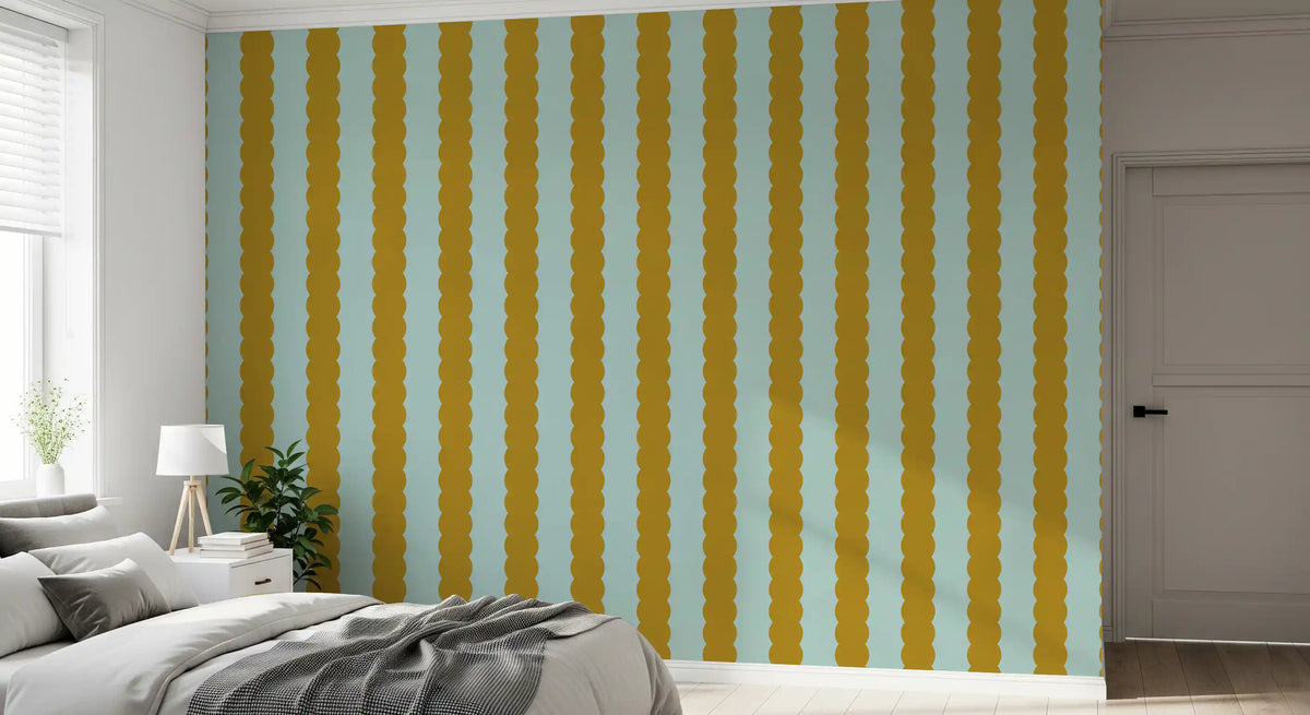 Mustard and Mint Scalloped Vertical Stripes Wall Mural