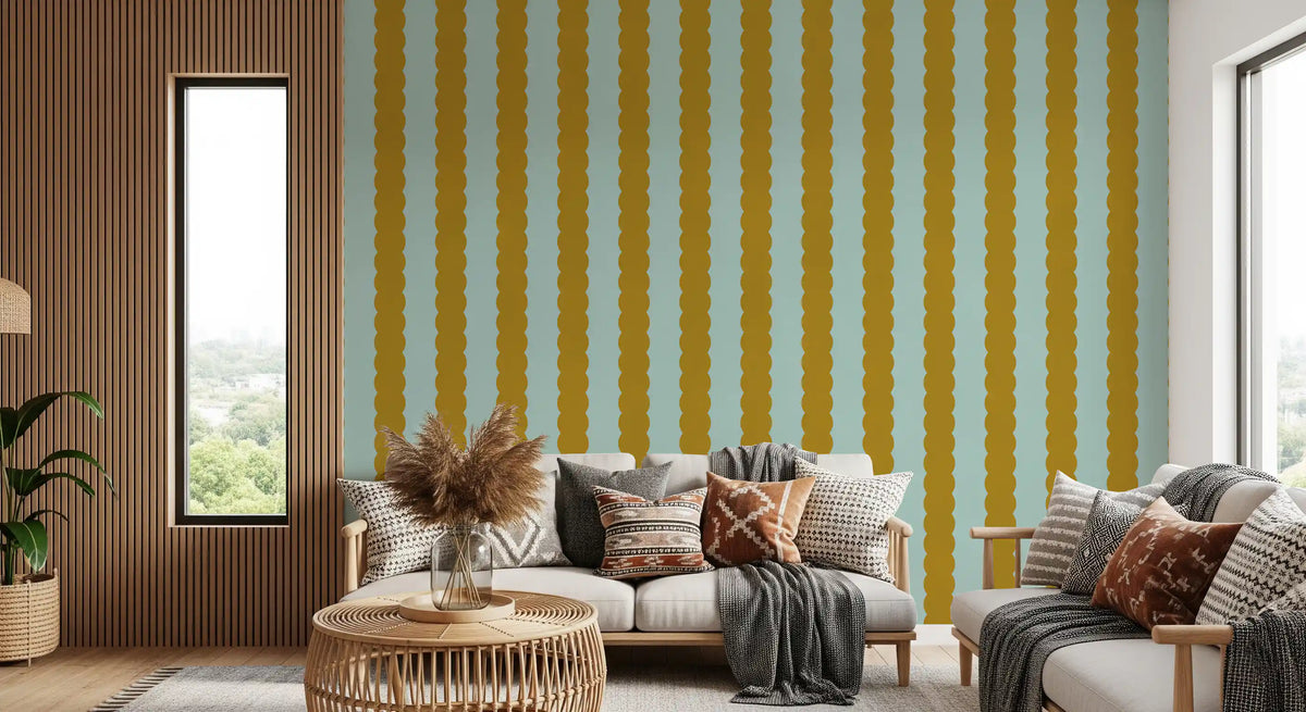 Mustard and Mint Scalloped Vertical Stripes Wall Mural