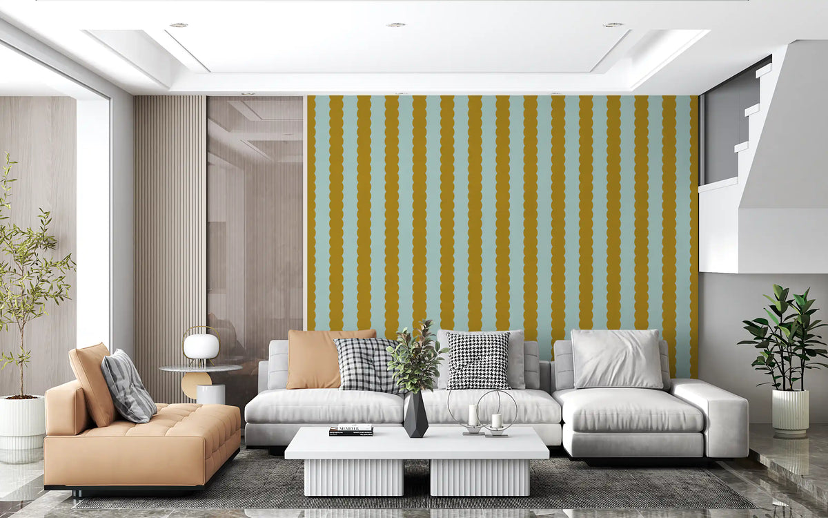 Mustard and Mint Scalloped Vertical Stripes Wall Mural