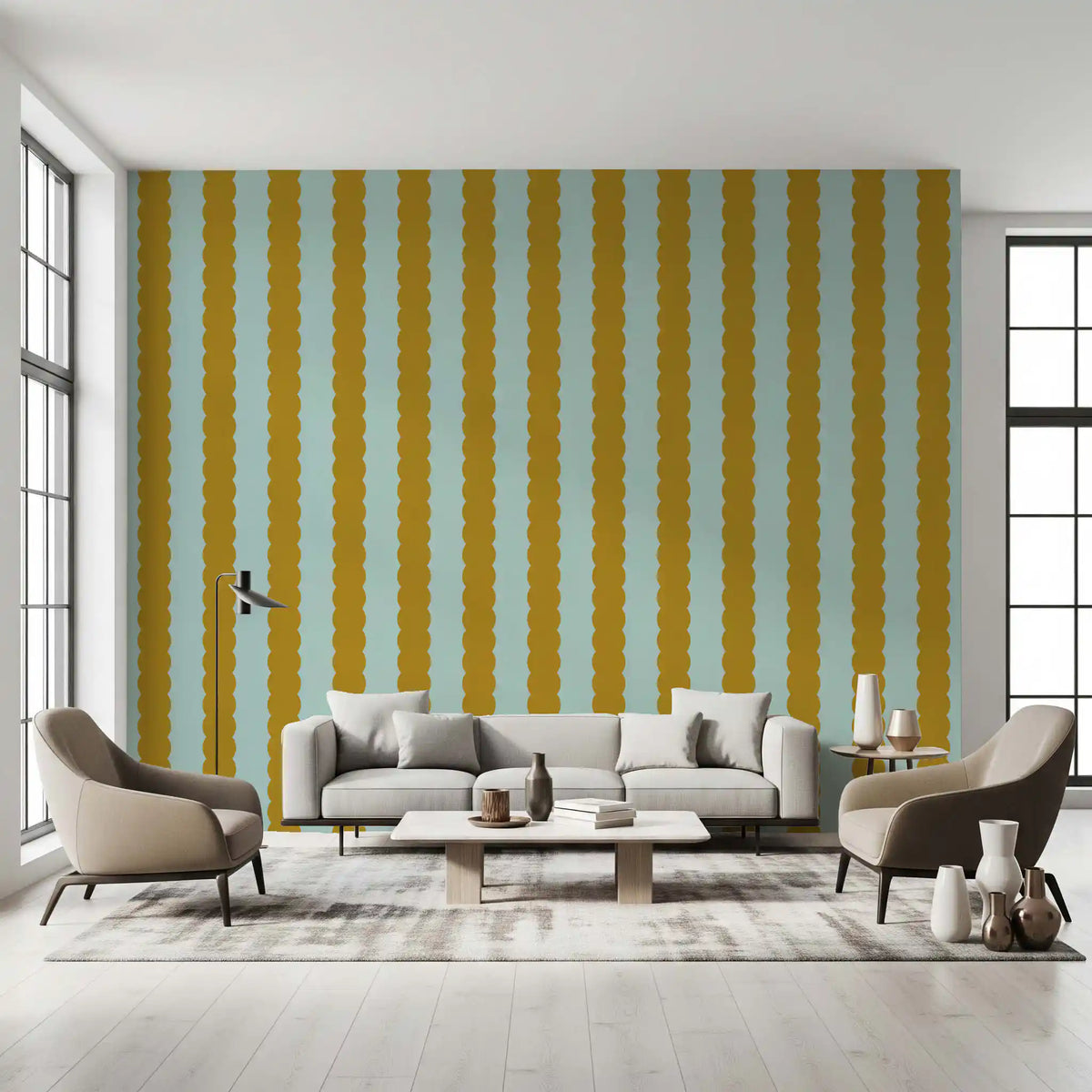 Mustard and Mint Scalloped Vertical Stripes Wall Mural