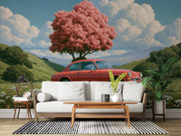 Vintage Red Coupe in Spring Meadow Wall Mural