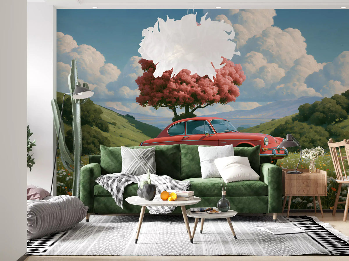Vintage Red Coupe in Spring Meadow Wall Mural