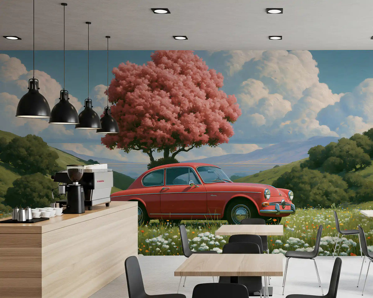 Vintage Red Coupe in Spring Meadow Wall Mural