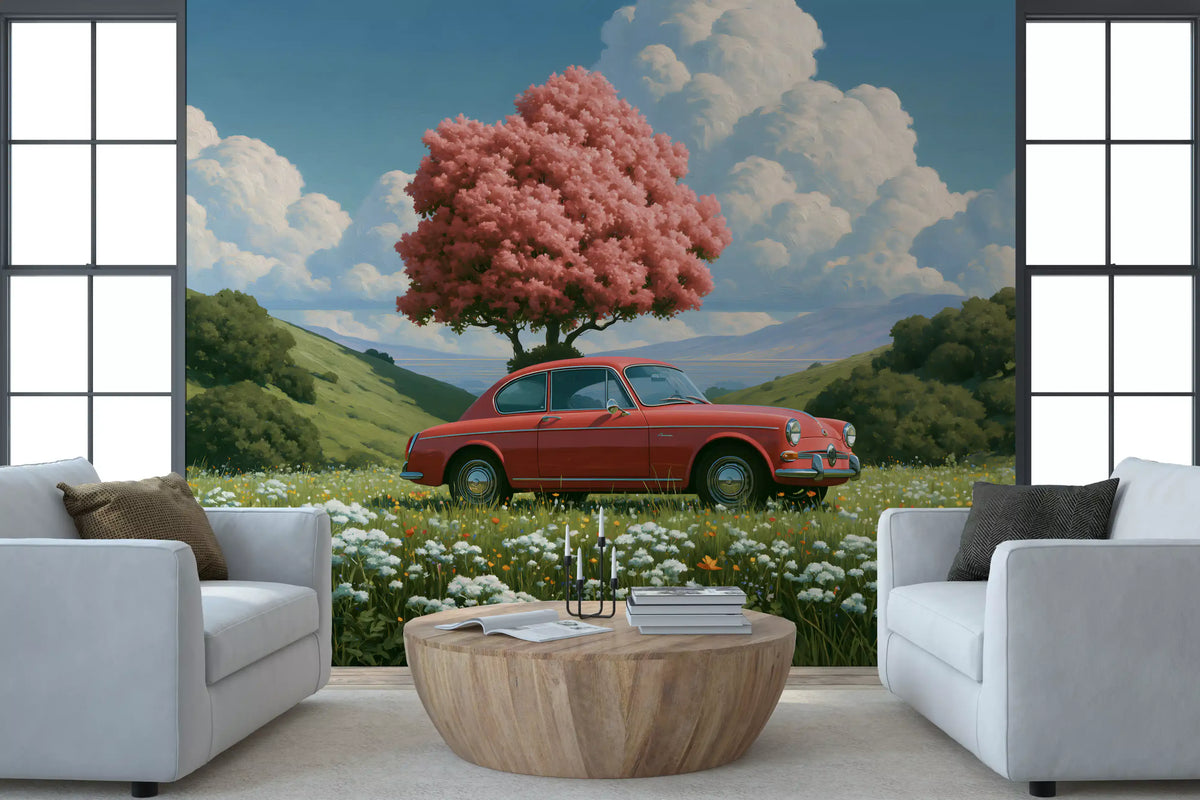 Vintage Red Coupe in Spring Meadow Wall Mural