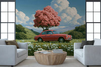 Vintage Red Coupe in Spring Meadow Wall Mural