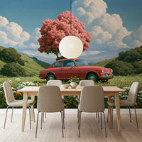 Vintage Red Coupe in Spring Meadow Wall Mural