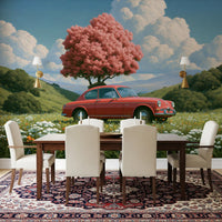 Vintage Red Coupe in Spring Meadow Wall Mural