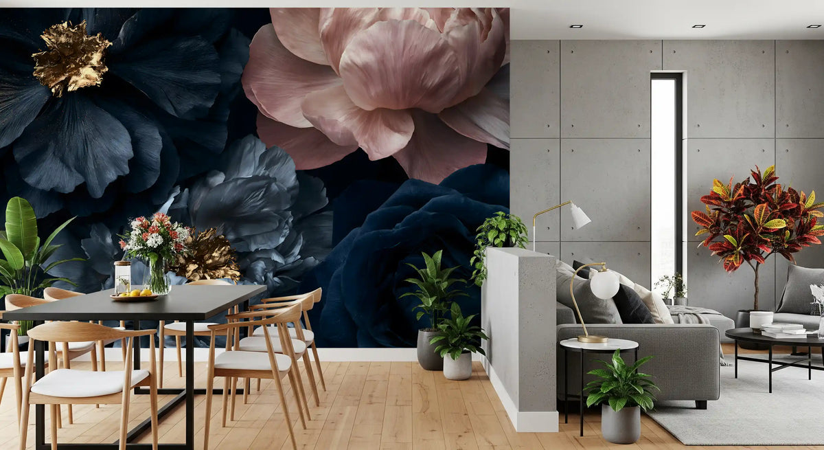 Midnight Peony Blooms with Gold Accents Wall Mural