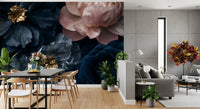 Midnight Peony Blooms with Gold Accents Wall Mural
