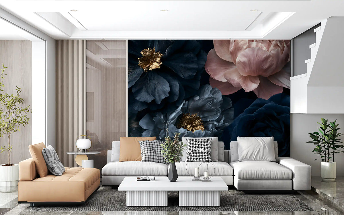 Midnight Peony Blooms with Gold Accents Wall Mural