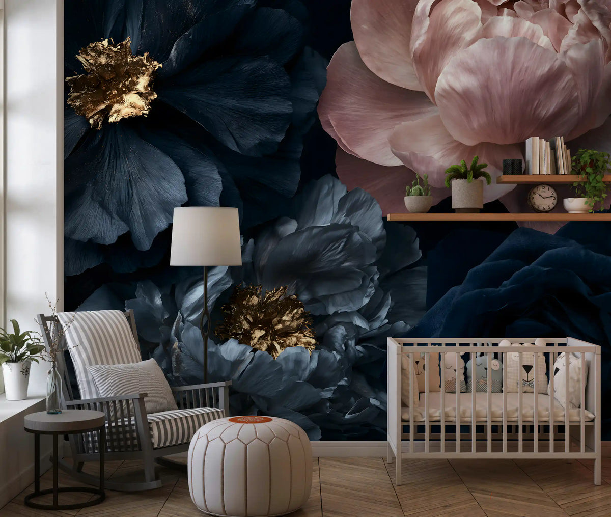 Midnight Peony Blooms with Gold Accents Wall Mural