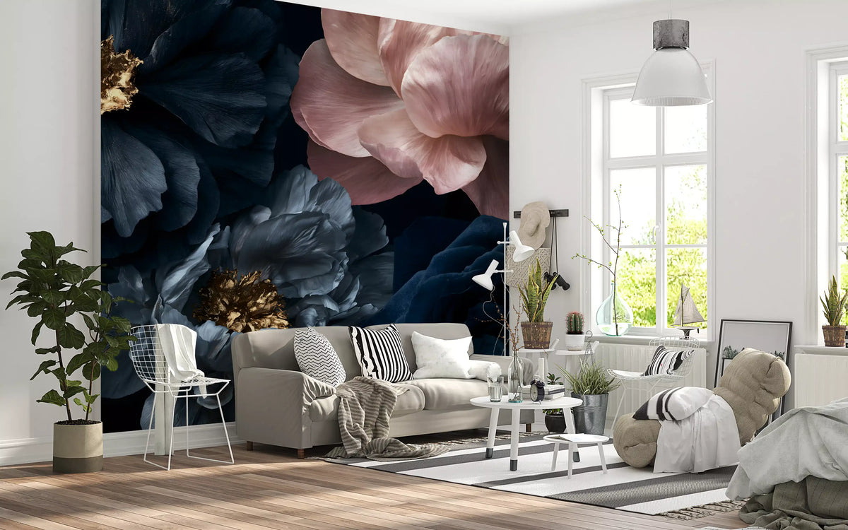 Midnight Peony Blooms with Gold Accents Wall Mural