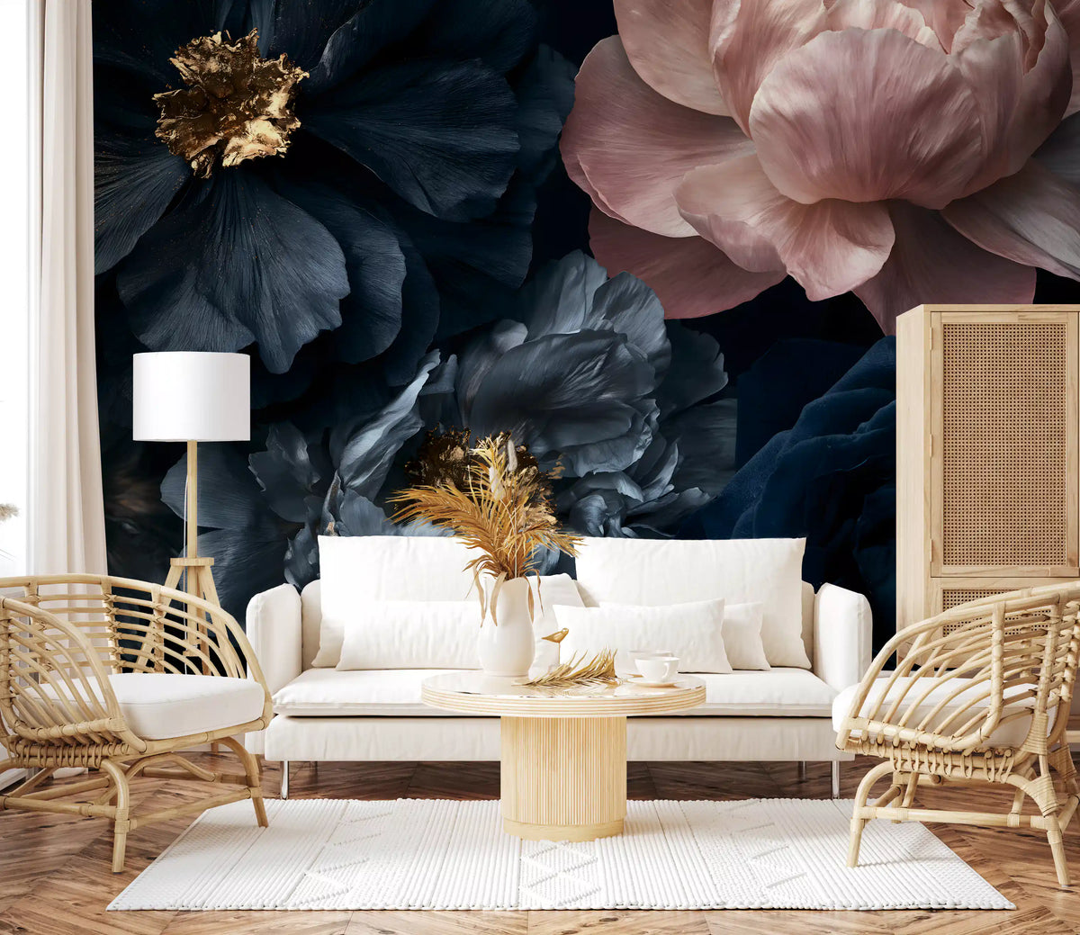 Midnight Peony Blooms with Gold Accents Wall Mural