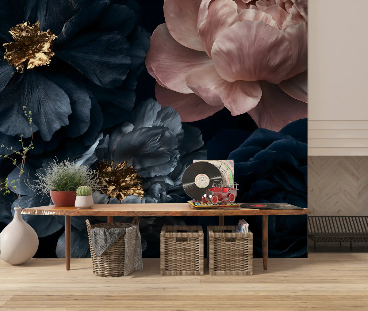 Midnight Peony Blooms with Gold Accents Wall Mural
