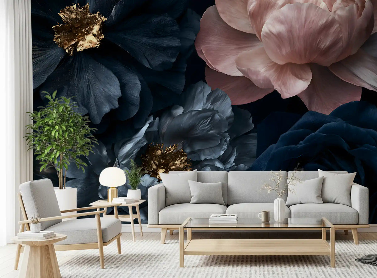 Midnight Peony Blooms with Gold Accents Wall Mural