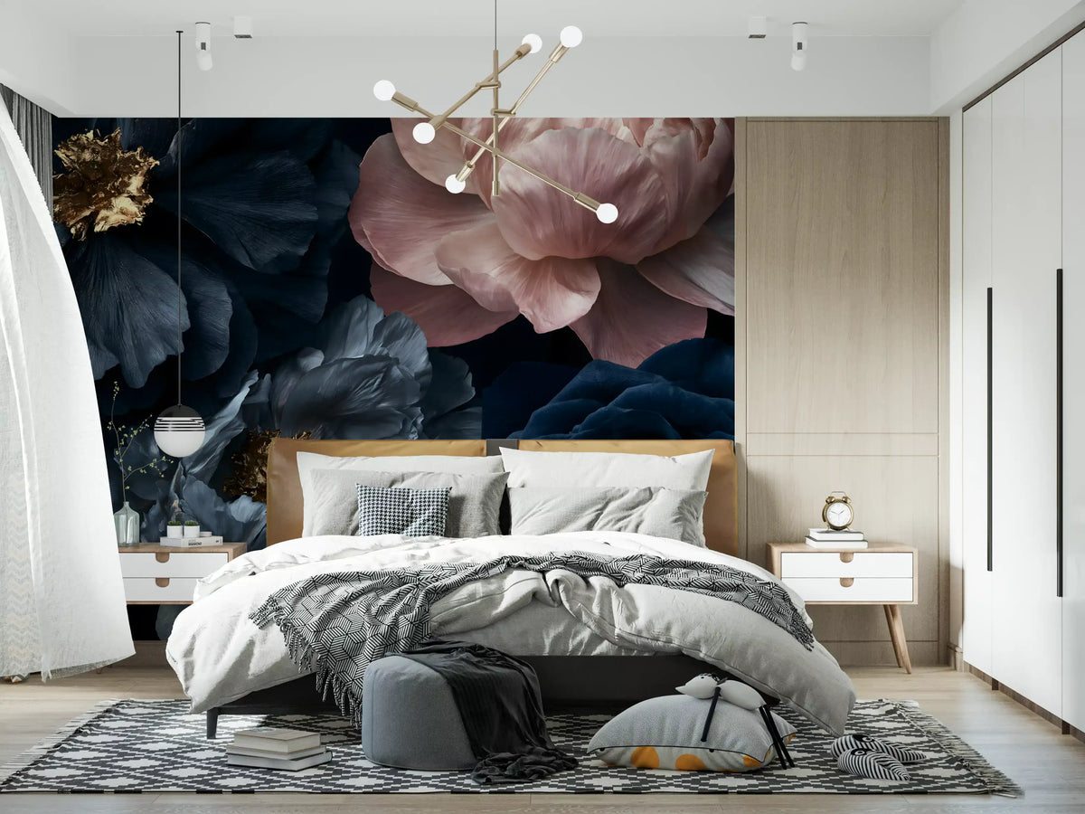 Midnight Peony Blooms with Gold Accents Wall Mural