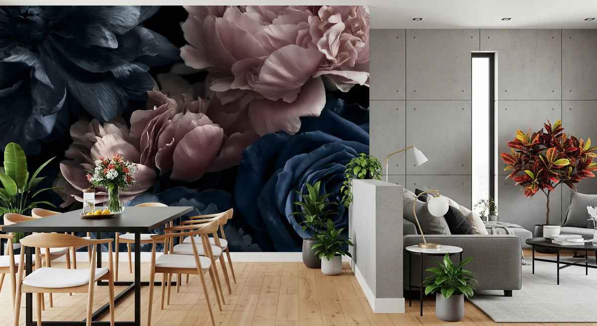 Midnight Peony and Rose Bloom Wall Mural