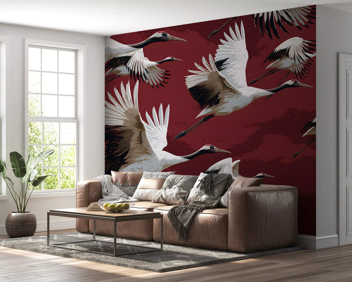 Crimson Flight of Cranes Wall Mural