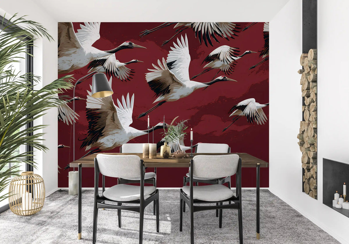 Crimson Flight of Cranes Wall Mural