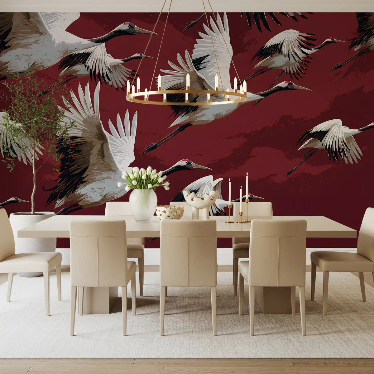 Crimson Flight of Cranes Wall Mural