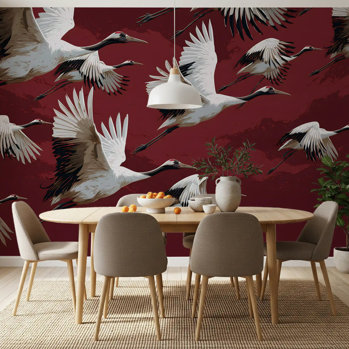 Crimson Flight of Cranes Wall Mural