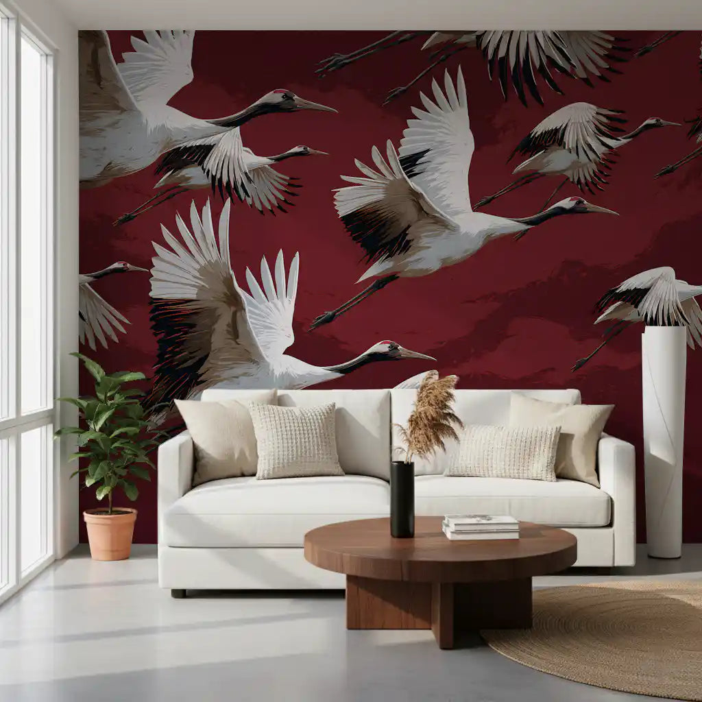 Crimson Flight of Cranes Wall Mural