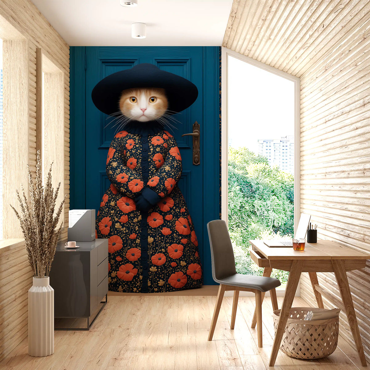 Royal Feline in Poppy Print Attire Wall Mural