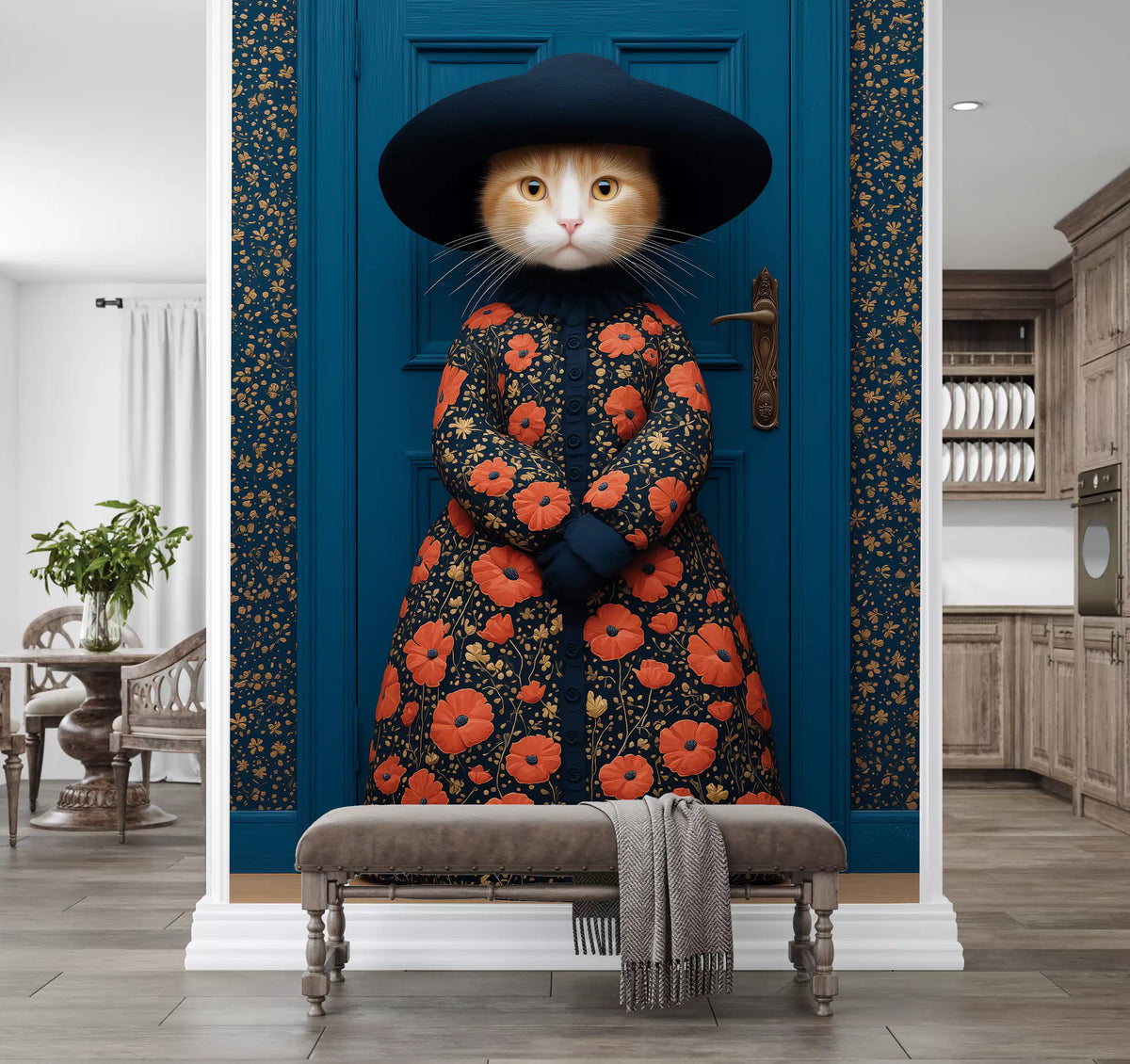 Royal Feline in Poppy Print Attire Wall Mural