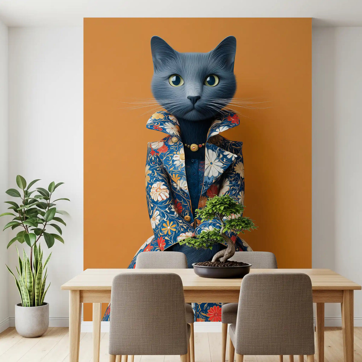 Sophisticated Feline in Floral Finery Wall Mural