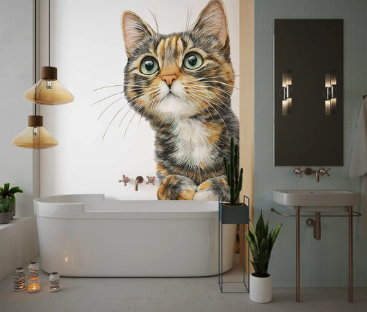 Curious Cat Illustration Wall Mural