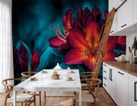 Moody Teal and Crimson Petals Wall Mural