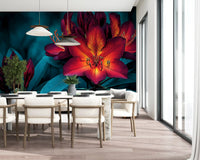 Moody Teal and Crimson Petals Wall Mural