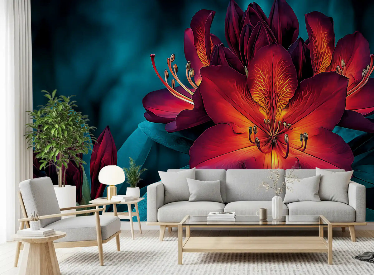 Moody Teal and Crimson Petals Wall Mural