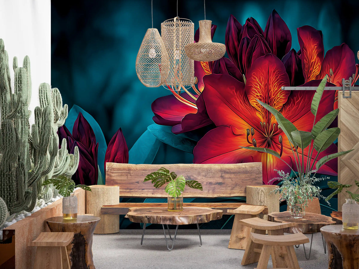 Moody Teal and Crimson Petals Wall Mural
